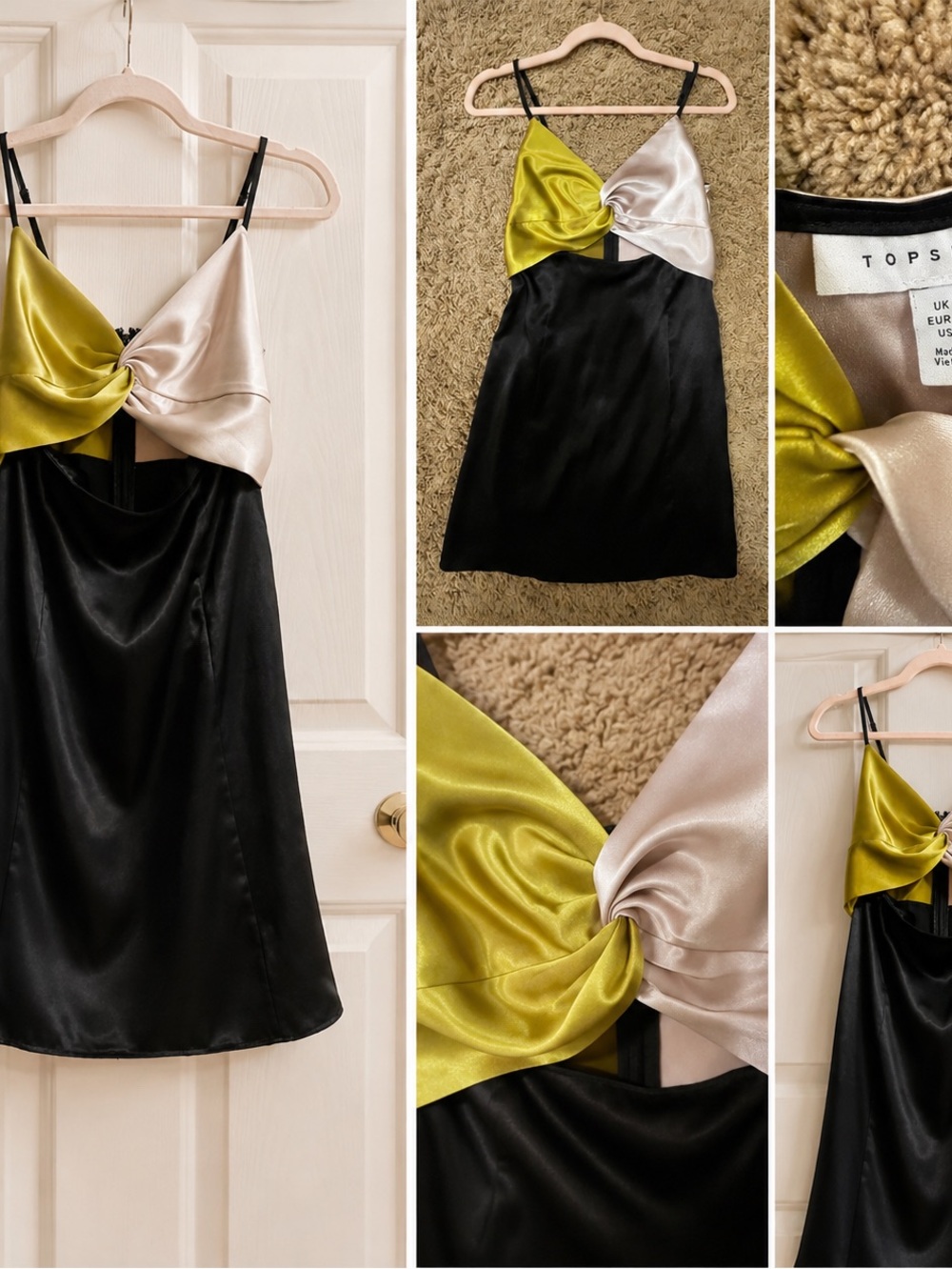 Topshop Black Slip Dress with Yellow-Green and Champagne Twist Bodice